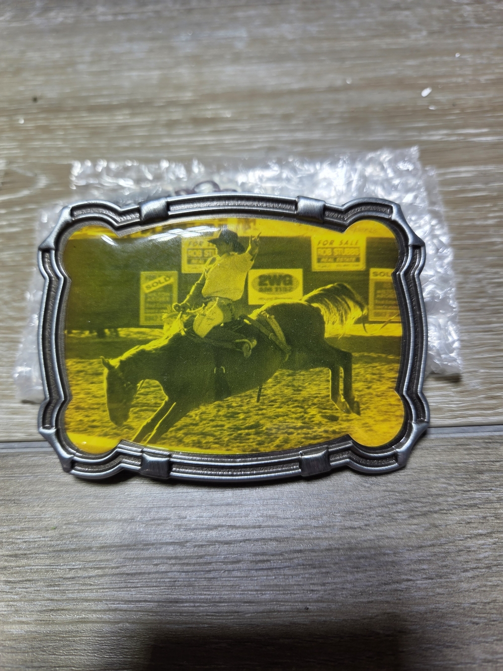 Western Rodeo Bull Rider Yellow Photo Belt Buckle Silver Tone